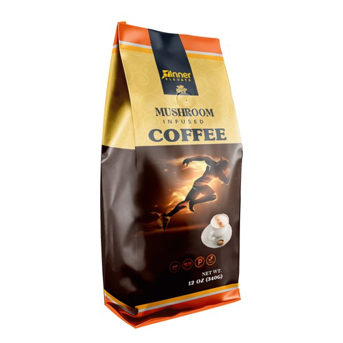 Roasted coffee packaging with the title 'Mushroom Infused Coffee'