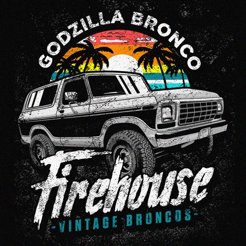Automotive t-shirt with the title ' Ford Bronco Godzilla'