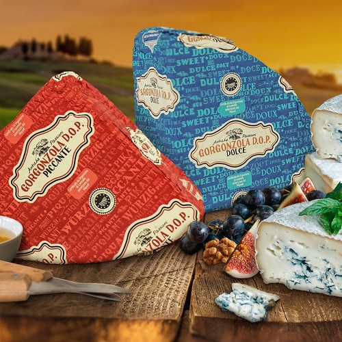 Label packaging with the title 'Patterned packaging for Netherlands gorgonzola cheese.'