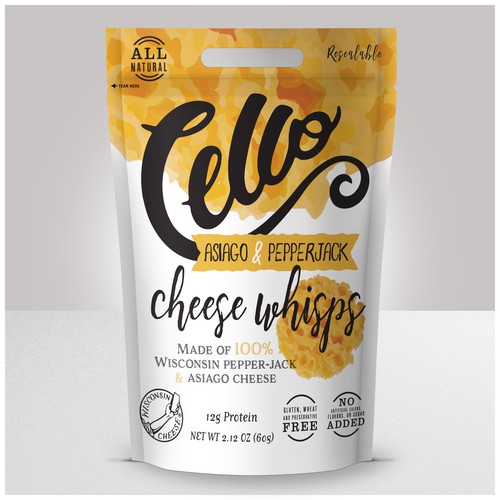 Black and white packaging with the title 'Cello Cheese Wisps Bag'