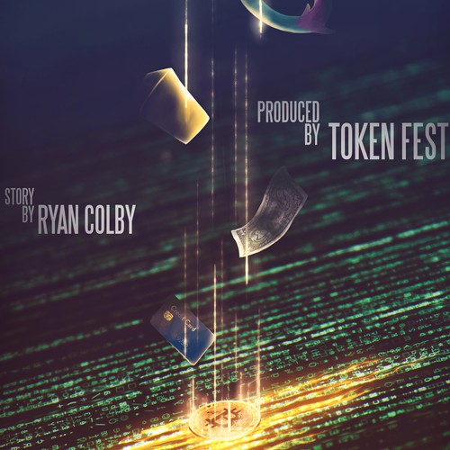 Bitcoin artwork with the title 'The Evolution of Money Movie Poster Design'