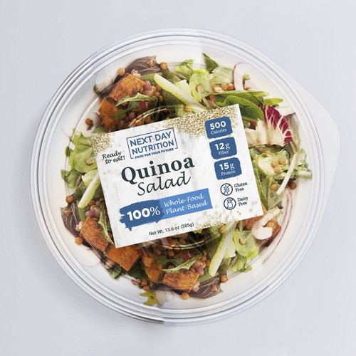 Food label with the title 'Packaging for healthy Quinoa Salad'