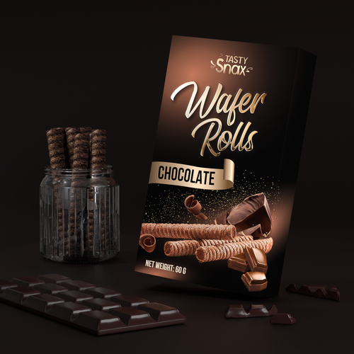 Snack packaging with the title 'Tasty Snax – Wafer Rolls (Chocolate) Packaging'