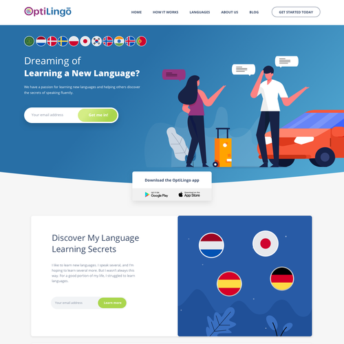 Language design with the title 'Language Landing page for optilingo'