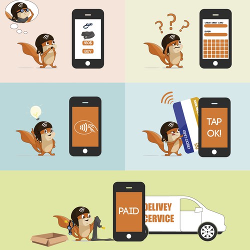 App illustration with the title 'Top talent needed for mascot illustrations of exciting new shopping technology!'