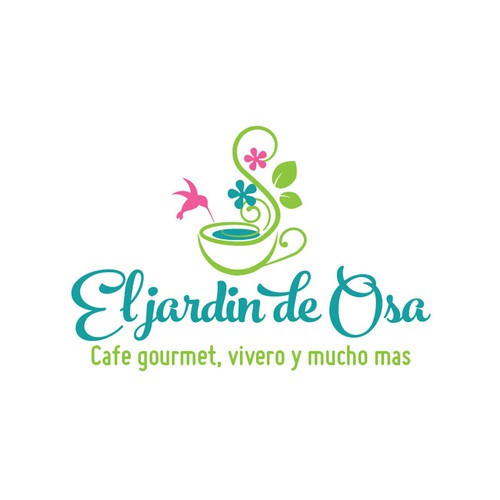 Hummingbird logo with the title 'logo for a Coffee shop - Florist in Costa Rica  which offers french pastries, fruit juices and snacks in a garden where the plants and flowers are for sale.'