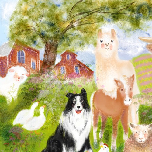 Farm illustration with the title 'Painting for Farmyard Jigsaw Puzzle'