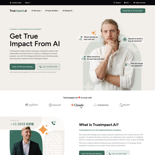 Artificial intelligence website with the title 'Front page for AI consultant company'