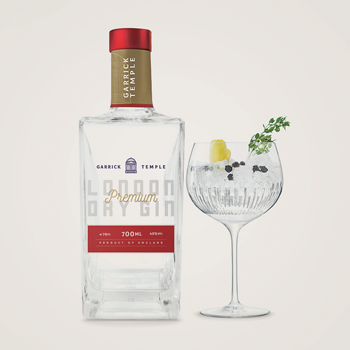 Brand label with the title 'Garrick Temple Gin'