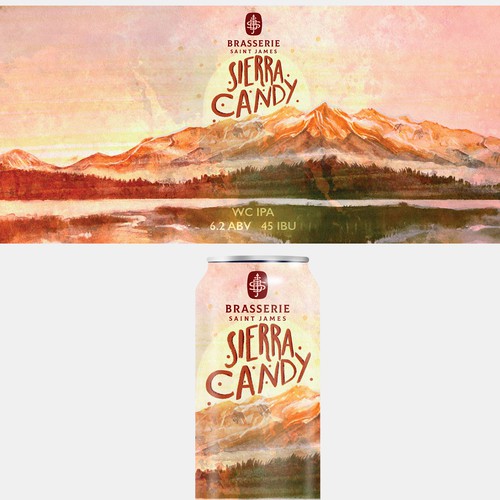 Brewery label with the title 'Watercolor/Digital Sierra Candy beer Can design'