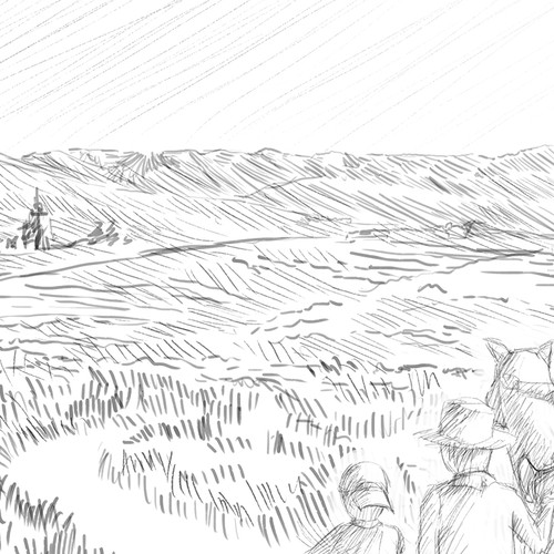 Family artwork with the title 'B/W Sketch of Family down the Road'