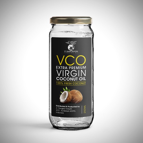 Professional label with the title 'Label design for Damai Virgin Coconut Oil'