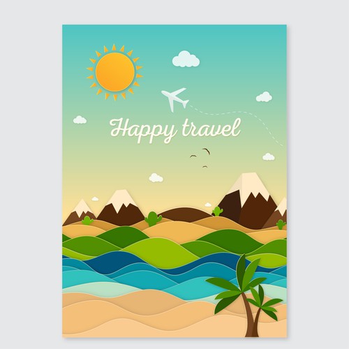 Beach artwork with the title 'Travel accessory line card'