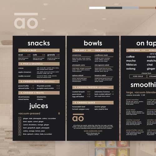 Juice bar design with the title 'AO Healthy Fast Casual + Juice Bar'