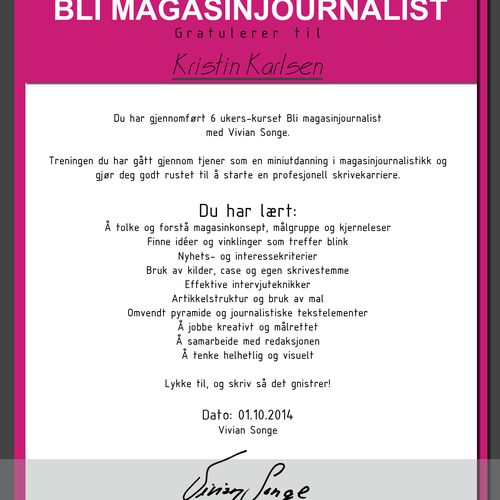 Certificate design with the title 'Create a course certificate for an online course in magazine journalism'