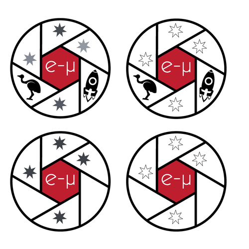 Lens logo with the title 'e - µ: Space mission requires logo - will be flown!'