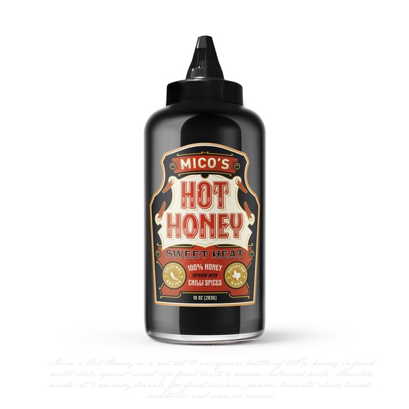 Honey label with the title 'Mico's Hot Honey Sweet heat'