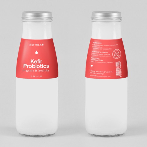 Red label with the title 'Kefir label design'