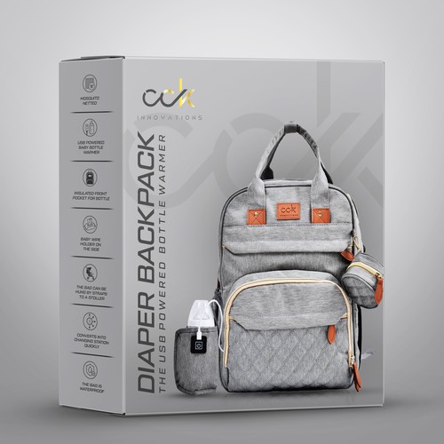Backpack design with the title 'PACKAGING DESIGN FOR BABY BACKPACK'