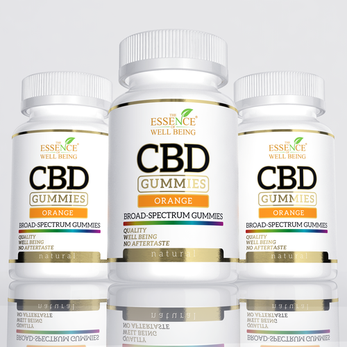 Gold foil packaging with the title 'CBD Gummies package design'