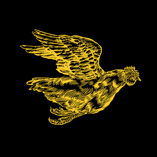 Chicken artwork with the title 'Flying Chickens'