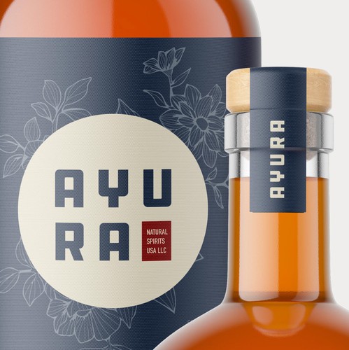 Branding label with the title 'AyuRae Whiskey Label Design'