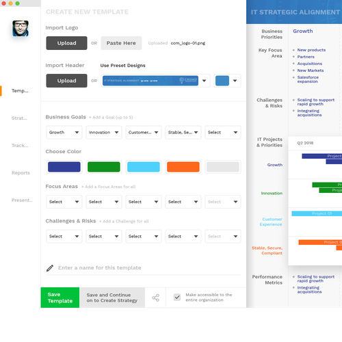 Dashboard design with the title 'Create a sharp, simple UI design for an awesome new business strategy tool.'
