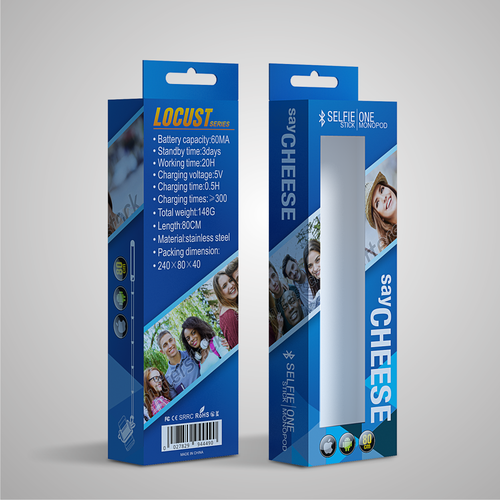 Blue packaging with the title 'SAY CHEESE - SELFIE STICK BOX PACKAGING'