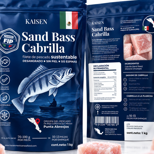 Fish packaging with the title 'Package for Sand Bass fish fillet'