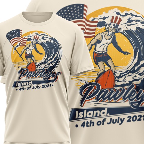 Surfboard design with the title 'Pawleys Island 4th of July T-shirt'