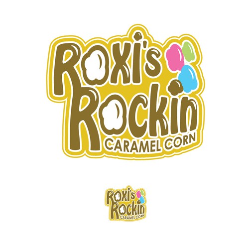Popcorn logo with the title 'Roxi's Rockin Caramel Corn'