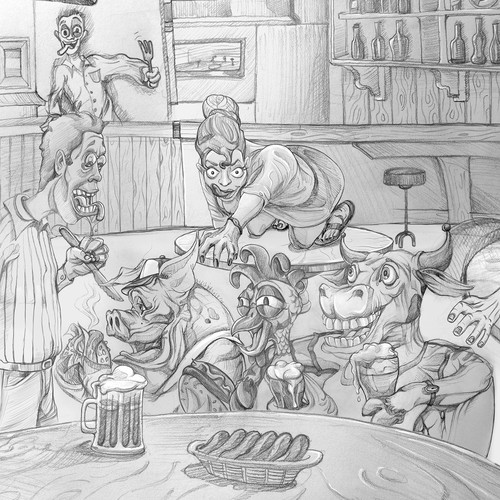 Sketch artwork with the title 'Funny Cartoon Illustration - Cow, Pig and Chicken in a Bar Contest!'