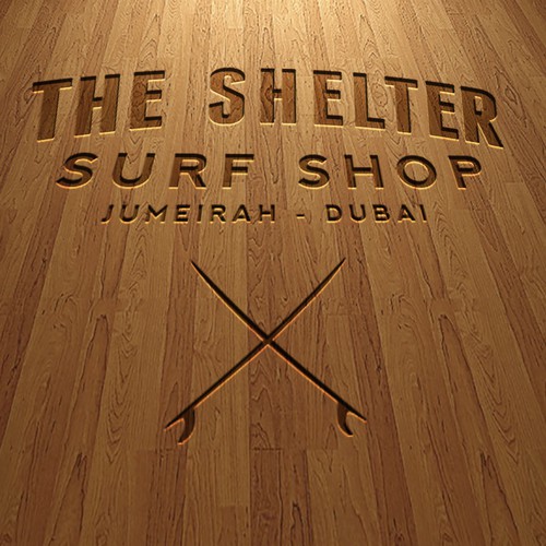 Surfing logo with the title 'THE SHELTER -  Surf shop in Dubai'