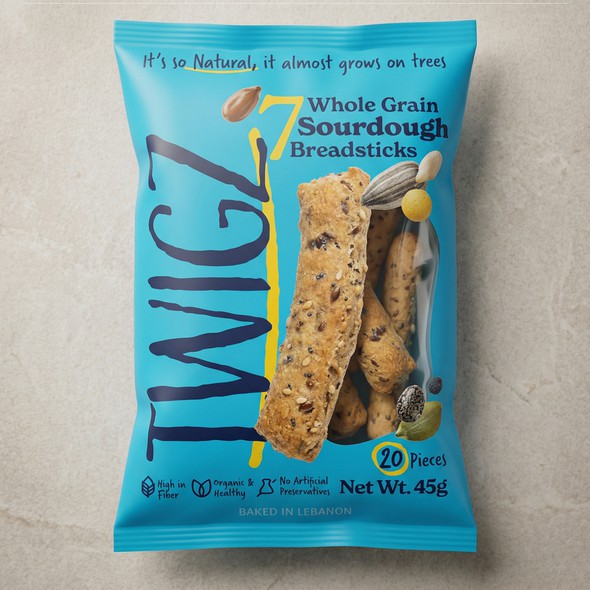 Packaging with the title 'TWIGZ | 7 Whole Grain Sourdough Breadsticks Packaging'