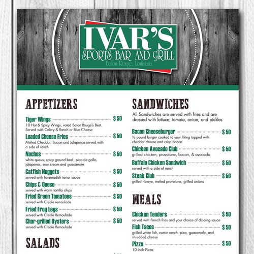 Sports bar design with the title 'Menu design for bar & grill'