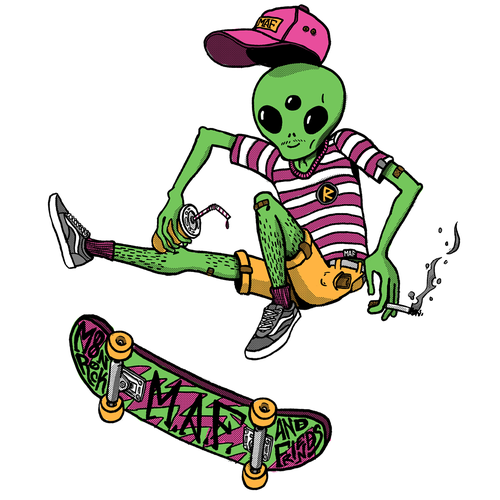 Skater design with the title 'MAF Alien Illustration'