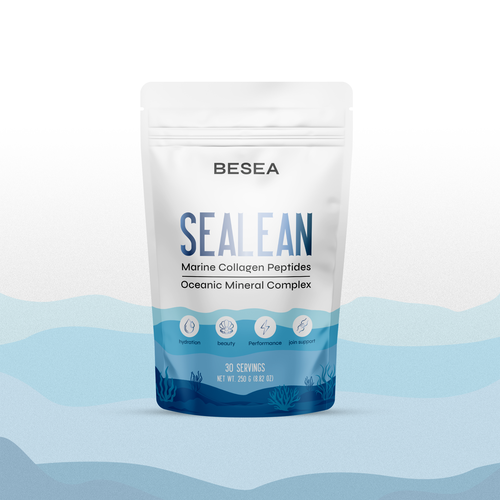 Blue packaging with the title 'Premium Packaging Design for Luxury Wellness Brand (Protein Pouch)'