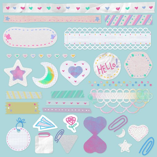 Kawaii illustration with the title 'Collage Stamp Set for Stylish Photo Editing App'