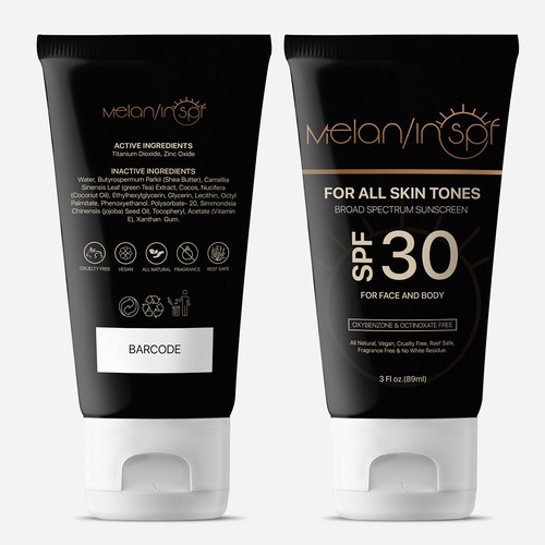 Professional label with the title 'Melan in Spf sunscreen'