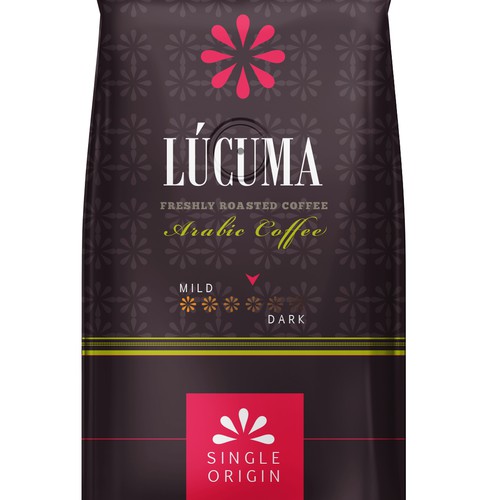 Roasted coffee packaging with the title 'Lúcuma Coffee'