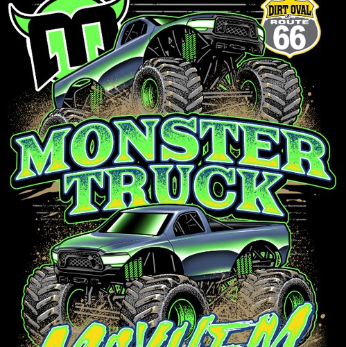 Off-road design with the title 'Monster Truck Mayhem'