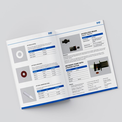 Product catalog design with the title 'Modern Industrial Catalog Design for Precision Pump Technology'
