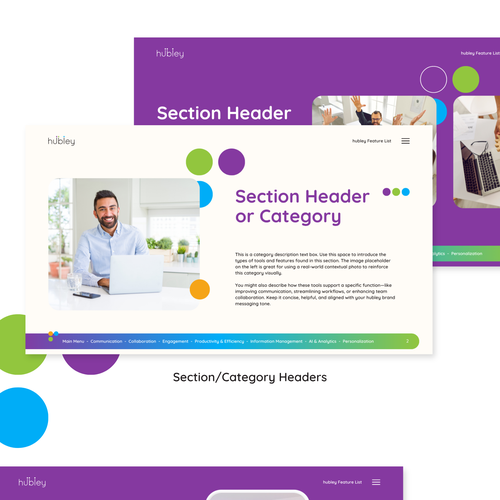 Modular design with the title 'Hubley Feature List – A Modular Canva Template Design'