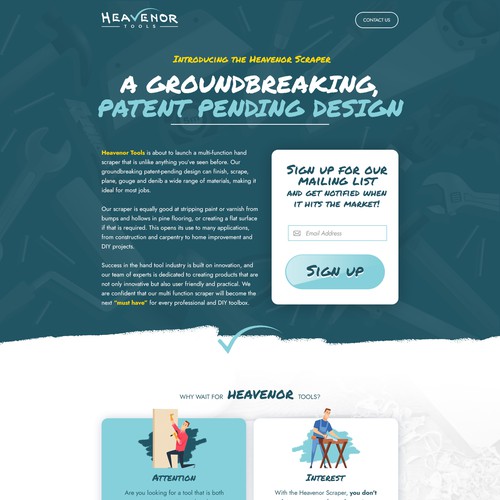 Notification design with the title 'Landing Page Design for a New Tool Company - Heavenor Tools'