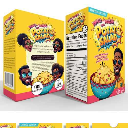 Card game design with the title 'Cereal Box-Themed Packaging for a Nighttime Family Card Game'