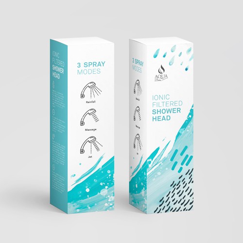 Water packaging with the title 'Package design for a shower head'