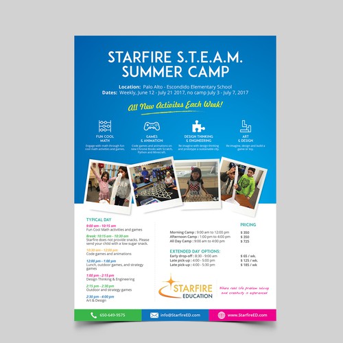 Print ad design with the title 'Flyer for fun S.T.E.A.M. (Science, Technology, Engineering, Art, Mathematics) Summer Camp'