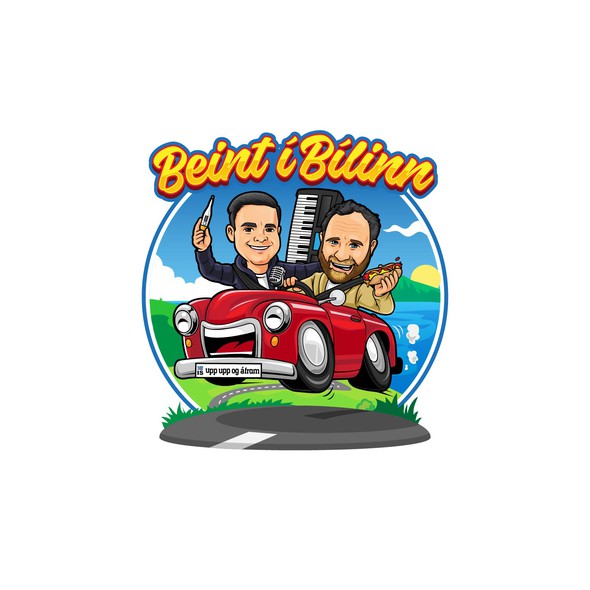 Caricature artwork with the title 'Beint i Billin Podcast Logo'