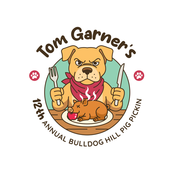 Queen bee cartoon logo with the title 'Tom the Bulldog eating Dinner'