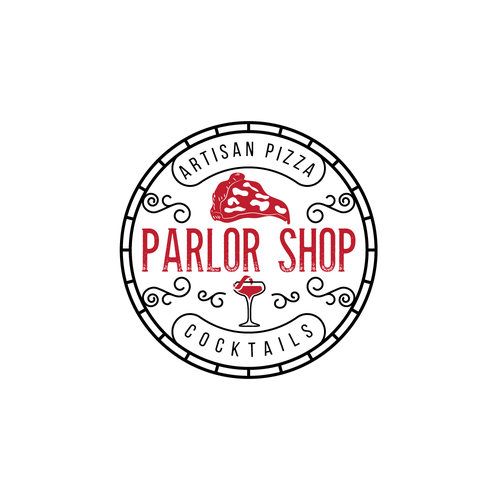 Glass design with the title 'Parlor shop logo pizza and coctails'